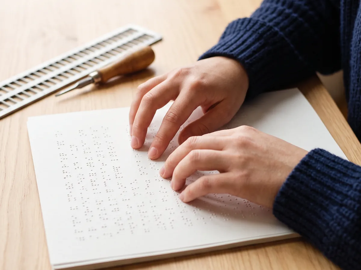 Texto en Braille junto a una regleta y un punzón